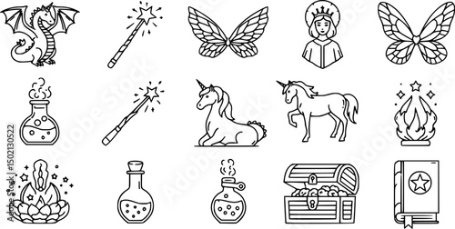 Fantasy magic linear icon set – outline style mystic and enchanted symbols for imaginative design, wizards, and fairy tales: dragon, wand, fairy wings, unicorn, potion, treasure chest, spell book