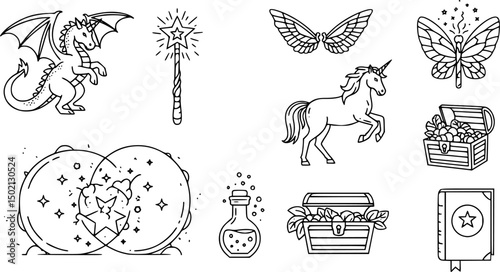 Fantasy magic linear icon set – outline style mystic and enchanted symbols for imaginative design, wizards, and fairy tales: dragon, wand, fairy wings, unicorn, potion, treasure chest, spell book