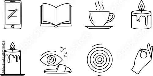 Relaxation and wellness outline icon set – linear style symbols for mindfulness and self-care: phone silent, book, tea cup, candle, slipper, closed eye, spiral, hand