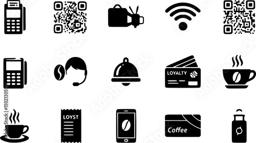 Restaurant and hospitality solid icons set – filled style payment, technology, and customer service symbols for dining: card machine, qr code, wifi, bell, loyalty card, coffee app, receipt, charging