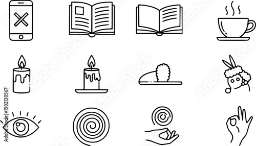 Relaxation and wellness outline icon set – linear style symbols for mindfulness and self-care: phone silent, book, tea cup, candle, slipper, closed eye, spiral, hand