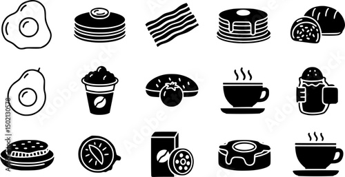 Breakfast food solid icons set – filled, flat, meal and dining symbols
