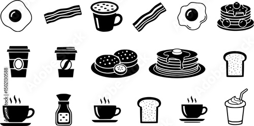 Breakfast food solid icons set – filled, flat, meal and dining symbols