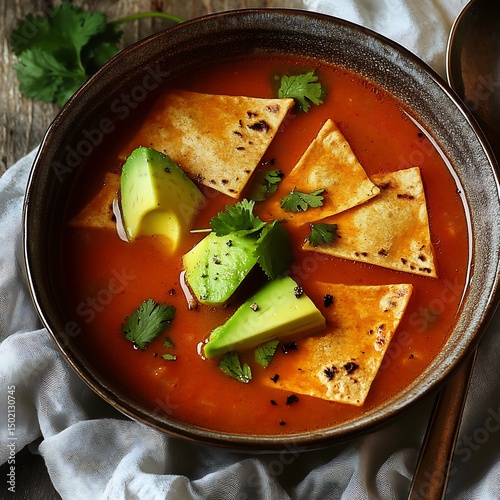 Tortilla Soup Central Mexico tomato based soup with tortillas high in fiber and lycopene served with avocado shown in rustic kitchen