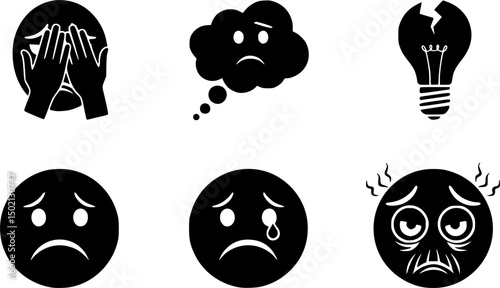 Emotion and expression outline icon set – expressive and minimalist symbols for communication, feelings, and moods: facepalm, thought, broken lightbulb, sad face, overwhelmed 