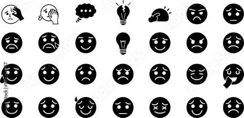 Emotion and expression outline icon set – expressive and minimalist symbols for communication, feelings, and moods: facepalm, thought, broken lightbulb, sad face, overwhelmed 