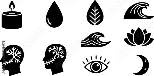 Nature and wellness solid icon set – silhouette style elements for relaxation and mindfulness: candle, water drop, leaf, wave, lotus, head with breath, eye, moon