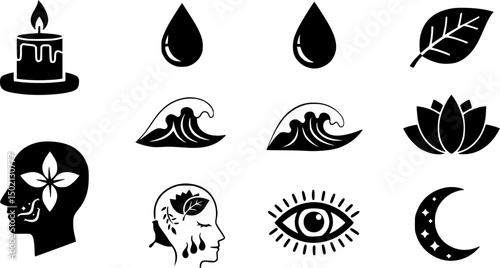 Nature and wellness solid icon set – silhouette style elements for relaxation and mindfulness: candle, water drop, leaf, wave, lotus, head with breath, eye, moon