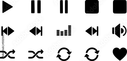 Music player interface icons - solid style audio and media control symbols: play, pause, stop, forward, rewind, volume, shuffle, loop, heart
