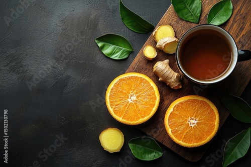 Freshly sliced orange and ginger with a cup of tea on a dark surface.