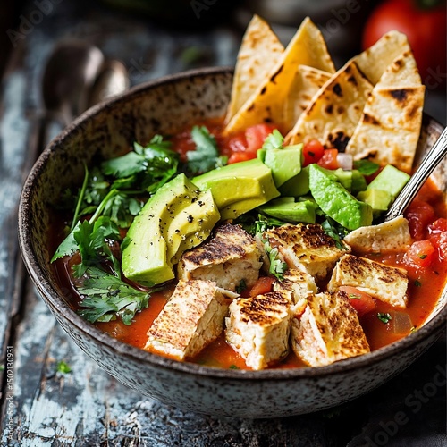 Tortilla Soup Central Mexico tomato based soup with tortillas high in fiber and lycopene served with avocado shown in rustic kitchen