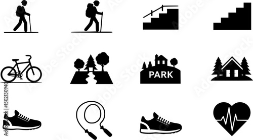 Fitness and outdoor activity silhouette icons set – health, adventure, and exercise symbols for lifestyle design: walker, hiker, stairs, bicycle, park, jump rope, sneaker, heartbeat.