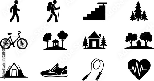Fitness and outdoor activity silhouette icons set – health, adventure, and exercise symbols for lifestyle design: walker, hiker, stairs, bicycle, park, jump rope, sneaker, heartbeat.