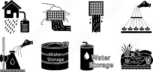 Water management icon set – outline style conservation and sustainability symbols for environmental protection: rainwater harvesting, storm drain, irrigation, water storage, wetlands