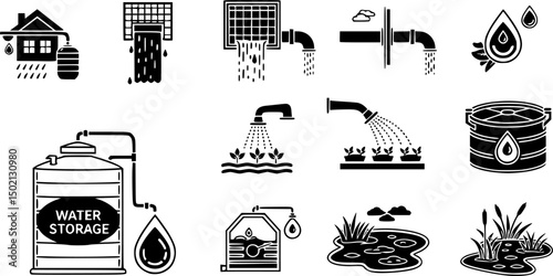 Water management icon set – outline style conservation and sustainability symbols for environmental protection: rainwater harvesting, storm drain, irrigation, water storage, wetlands