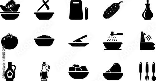 Culinary and cooking solid icons set – silhouette style kitchen, food preparation, and ingredient symbols for recipe guides: lettuce, tomato, cucumber, bowl, oil, utensils, board, vinegar.