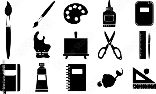 Art tools solid icon set – flat style design and craft supplies for diy projects: paintbrush, palette, glue, scissors, canvas, paint tube, notebook, ruler.