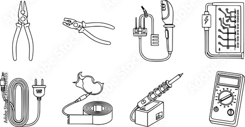 Electrical tools and devices icon set – outline style wiring and circuitry symbols for repair and maintenance: pliers, wire stripper, soldering iron, multimeter, cable, plug, tape, circuit board