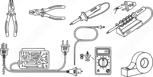 Electrical tools and devices icon set – outline style wiring and circuitry symbols for repair and maintenance: pliers, wire stripper, soldering iron, multimeter, cable, plug, tape, circuit board