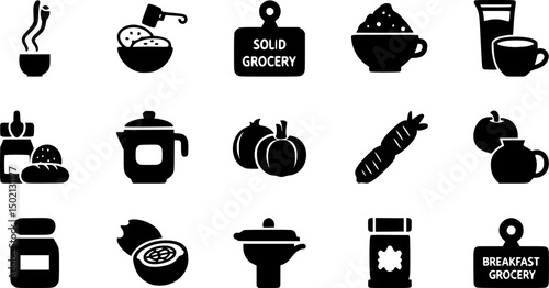 Breakfast and grocery solid icons set – silhouette, kitchen essentials and food symbols
