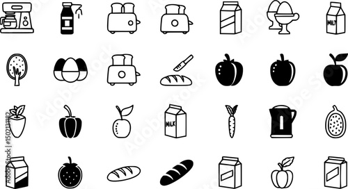 Breakfast and grocery solid icons set – silhouette, kitchen essentials and food symbols

