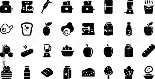 Breakfast and grocery solid icons set – silhouette, kitchen essentials and food symbols
