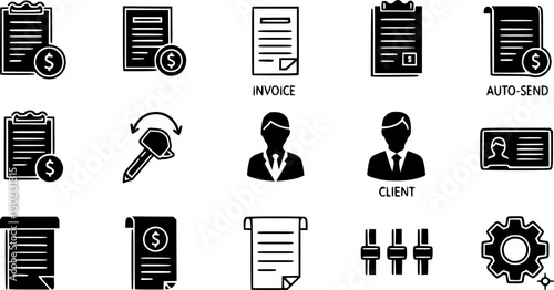Finance and billing icons set – linear style accounting, invoicing, and payment symbols for business management: recurring bill, invoice, auto-send, client, receipt, settings.