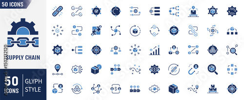 Supply chain icon set. Containing supply chain, value chain, logistic, delivery, manufacturing, commerce and more. Vector illustration. Editable stroke
