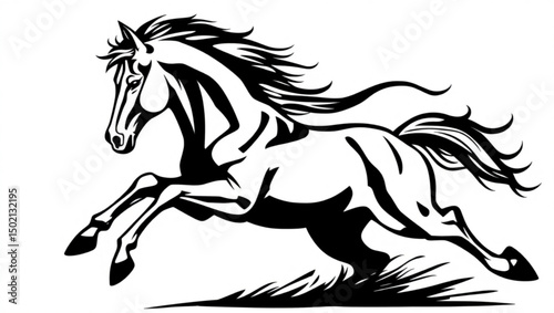 Stylized black and white illustration of a horse galloping powerfully across a field design element created with generated ai