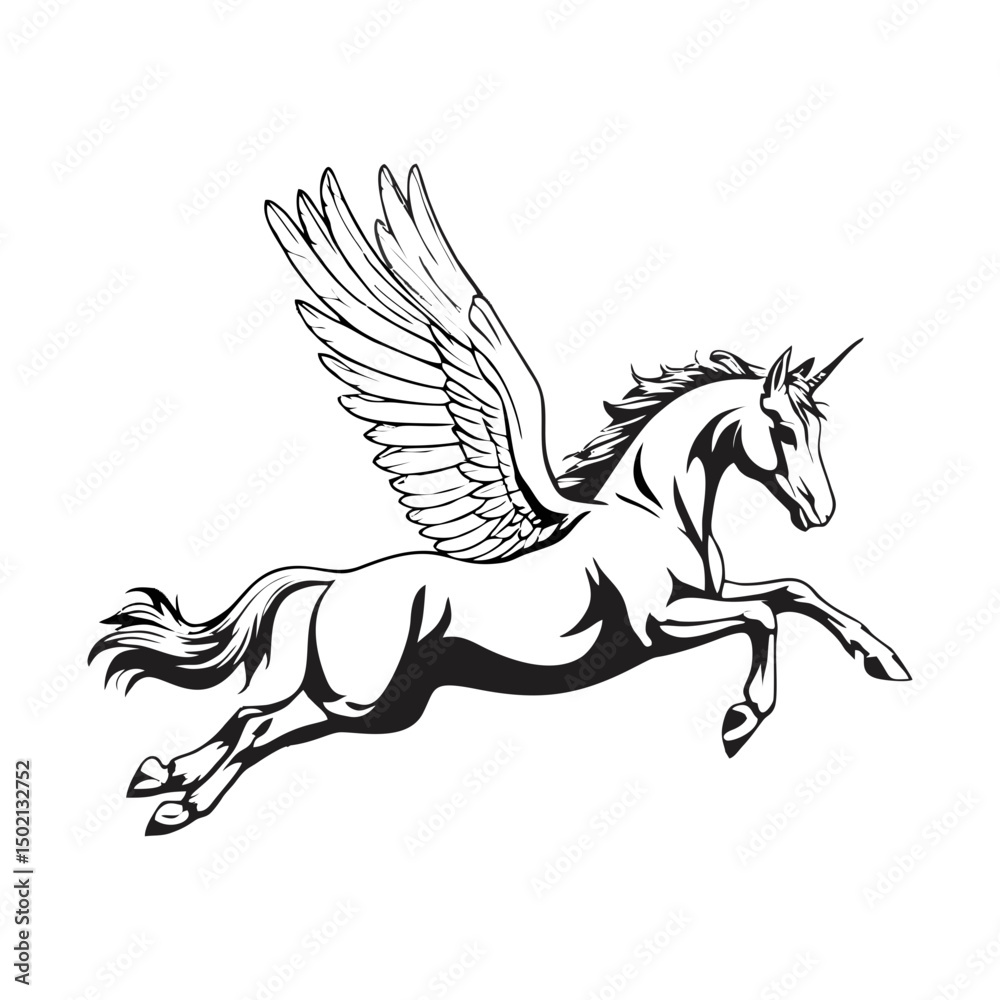 Fototapeta premium Majestic Winged Unicorn in Flight: Elegant Black and White Illustration