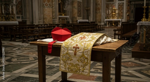 Cardinal Hat and Stole on Table in Church photo