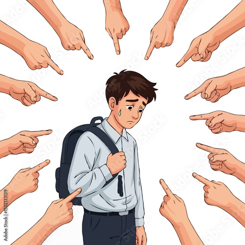 Bullied male student with backpack surrounded by accusing fingers, symbol of school harassment, vector art isolated on white