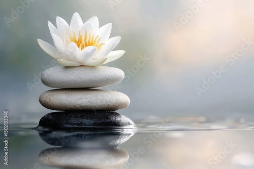 White lotus flower blooming on top of balanced smooth stones reflecting on calm water with soft blurred neutral background creating serene and peaceful atmosphere