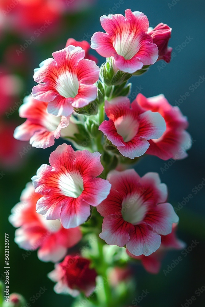 Fototapeta premium Close-up of vibrant pink and white trumpet-shaped flowers blooming on a green stem with a blurred natural background