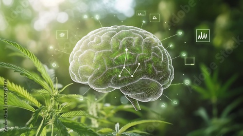 Abstract blend of brain and marijuana brownie with data points floating around highlighting memory calm and anti inflammatory effects