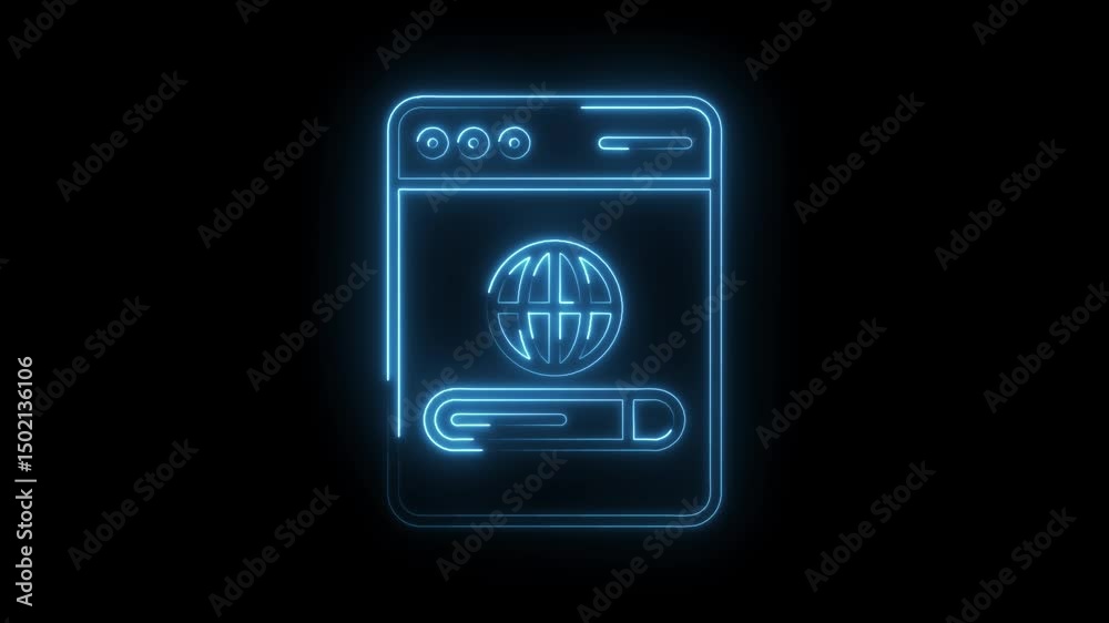 Neon outline animation of website loading concept with globe on black background