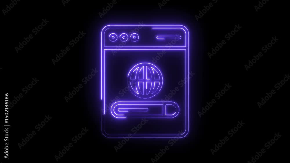 Neon glowing internet browser window with globe icon animation on black background