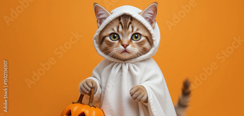 Funny cat ​​in cute Halloween ghost costume with pumpkin ghost in front of orange background.