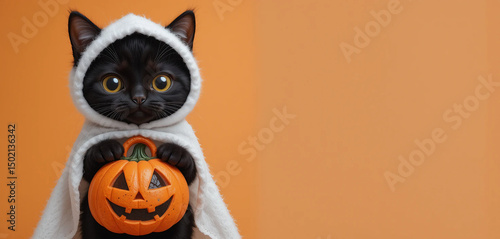 Funny black cat ​​in cute Halloween ghost costume with pumpkin ghost in front of orange background.