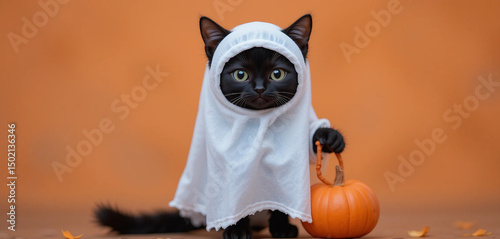 Funny black cat ​​in cute Halloween ghost costume with pumpkin ghost in front of orange background.