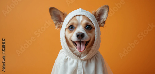 Funny dog ​​in cute Halloween ghost costume with pumpkin ghost in front of orange background.