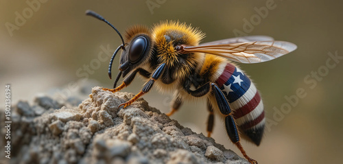 Macro shot of an American flag bee, 4th of July Memorial or Independence day background.