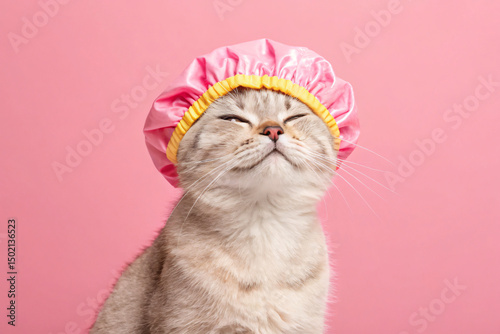 Cat is wearing a cute shower cap and Relaxed Expression on pink solid background