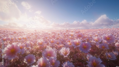 A vast field of delicate pink flowers under a soft, pastel sky.