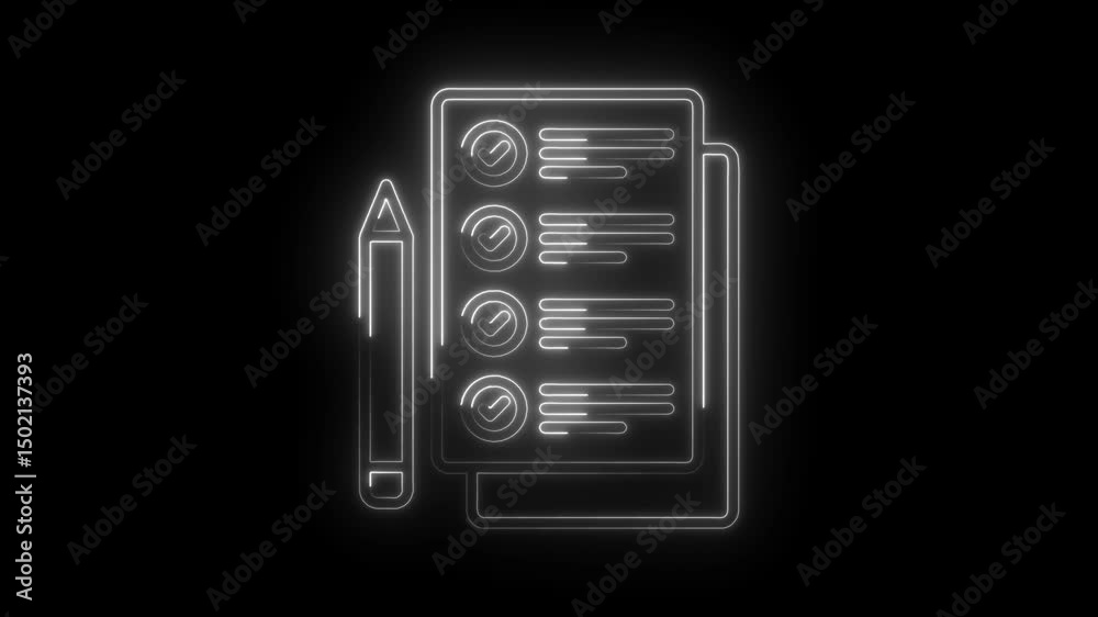 Glowing animation of a checklist with pencil on a black background for business or personal use