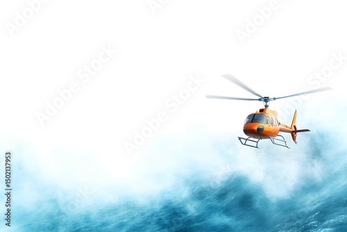 A helicopter is flying over a large body of water