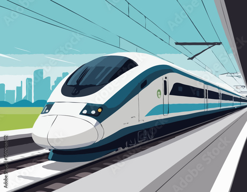high-speed rail travel with a vector scene featuring streamlined trains traversing modern rail networks. efficiency of high-speed trains