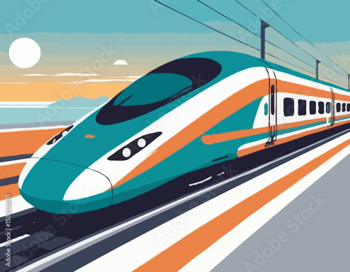 high-speed rail travel with a vector scene featuring streamlined trains traversing modern rail networks. efficiency of high-speed trains