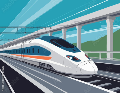 high-speed rail travel with a vector scene featuring streamlined trains traversing modern rail networks. efficiency of high-speed trains