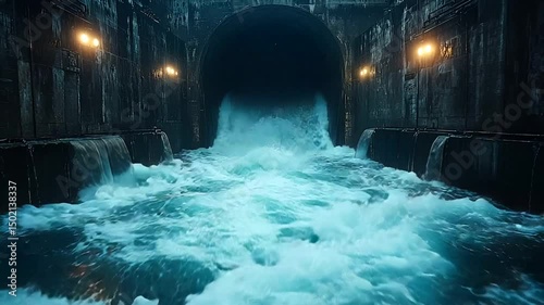 Turbulent water flowing through a dark tunnel